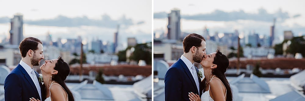 bride and groom with NYC skyline